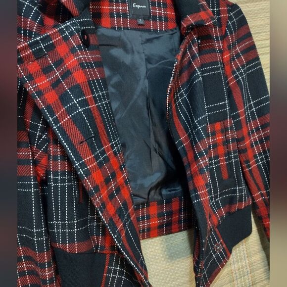 Express Bomber Jacket Red Black Plaid Tartan 2008 Button-Down Stretch SMALL - Picture 7 of 12